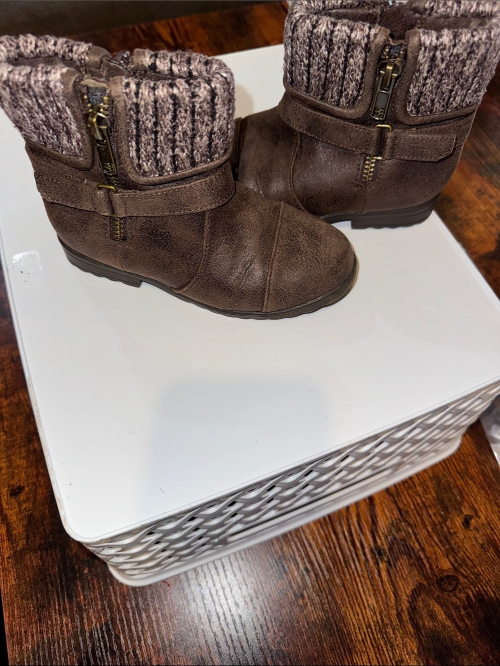Kids Brown Knit-Cuff Ankle Boots